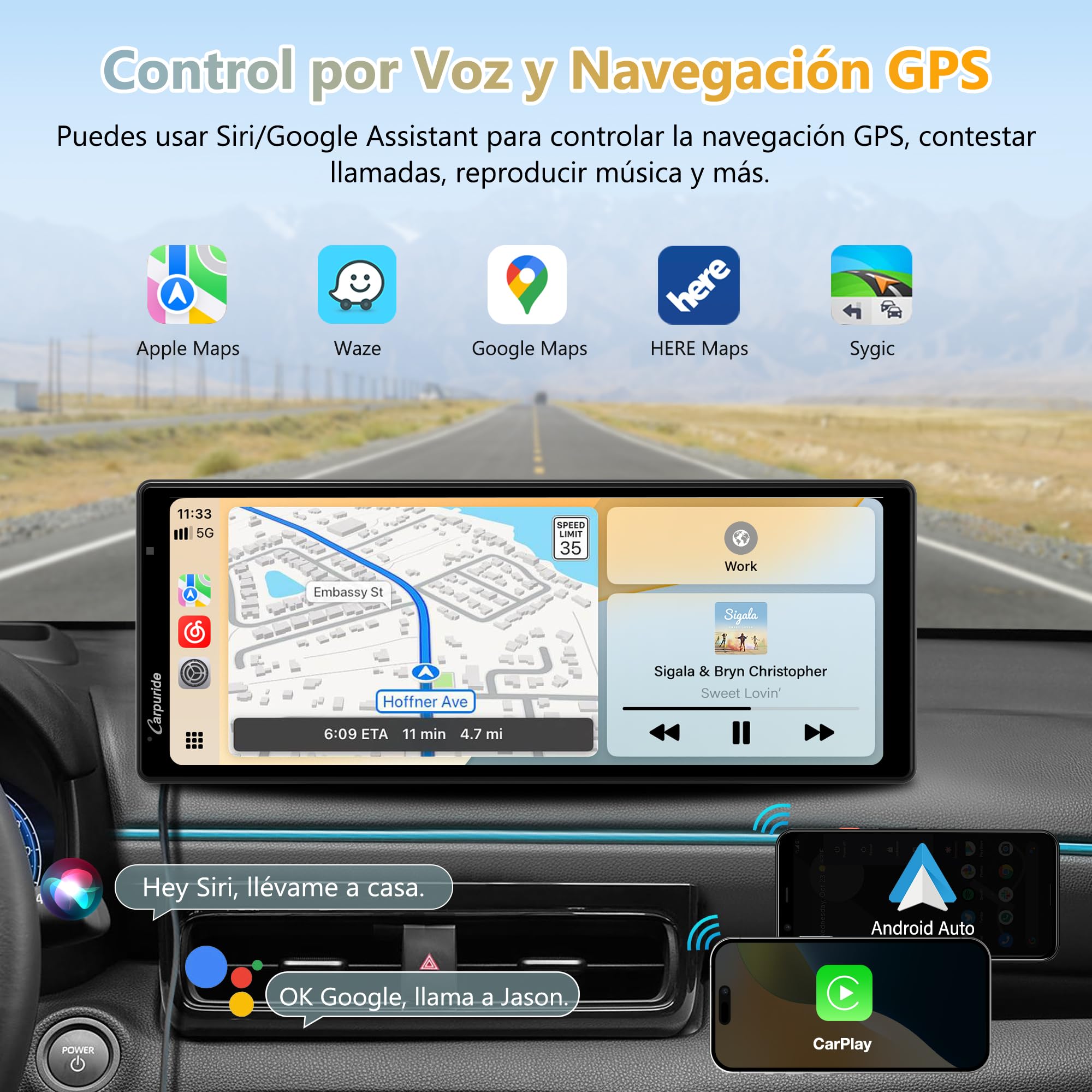 CARPURIDE W903S Pantalla con CarPlay y Android Auto y Dash CAM de 3 Canales | IPS HD de 9,3", Cám Frontal 4K, Cám Trasera 1080P,Cám Infrarroja 1080P, Grabación en Bucle, GPS, Bluetooth, Siri, Mirror Link