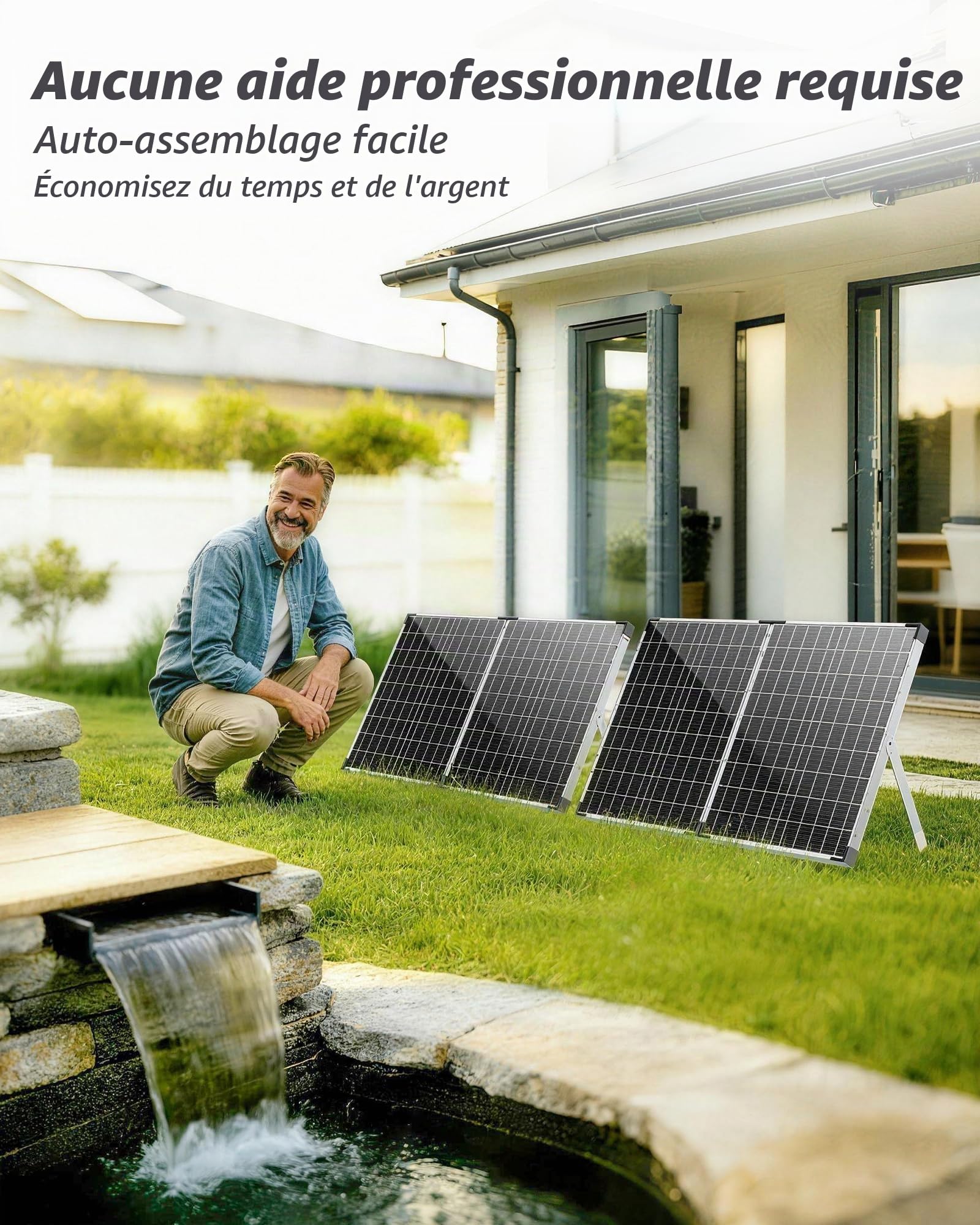POPOSOAP Cascade d’étang solaire avec panneau solaire 120W & pompe 6000 L/h, tuyau ondulé 3m, média filtrants, cascade pour étang de jardin extérieur, ruisseaux