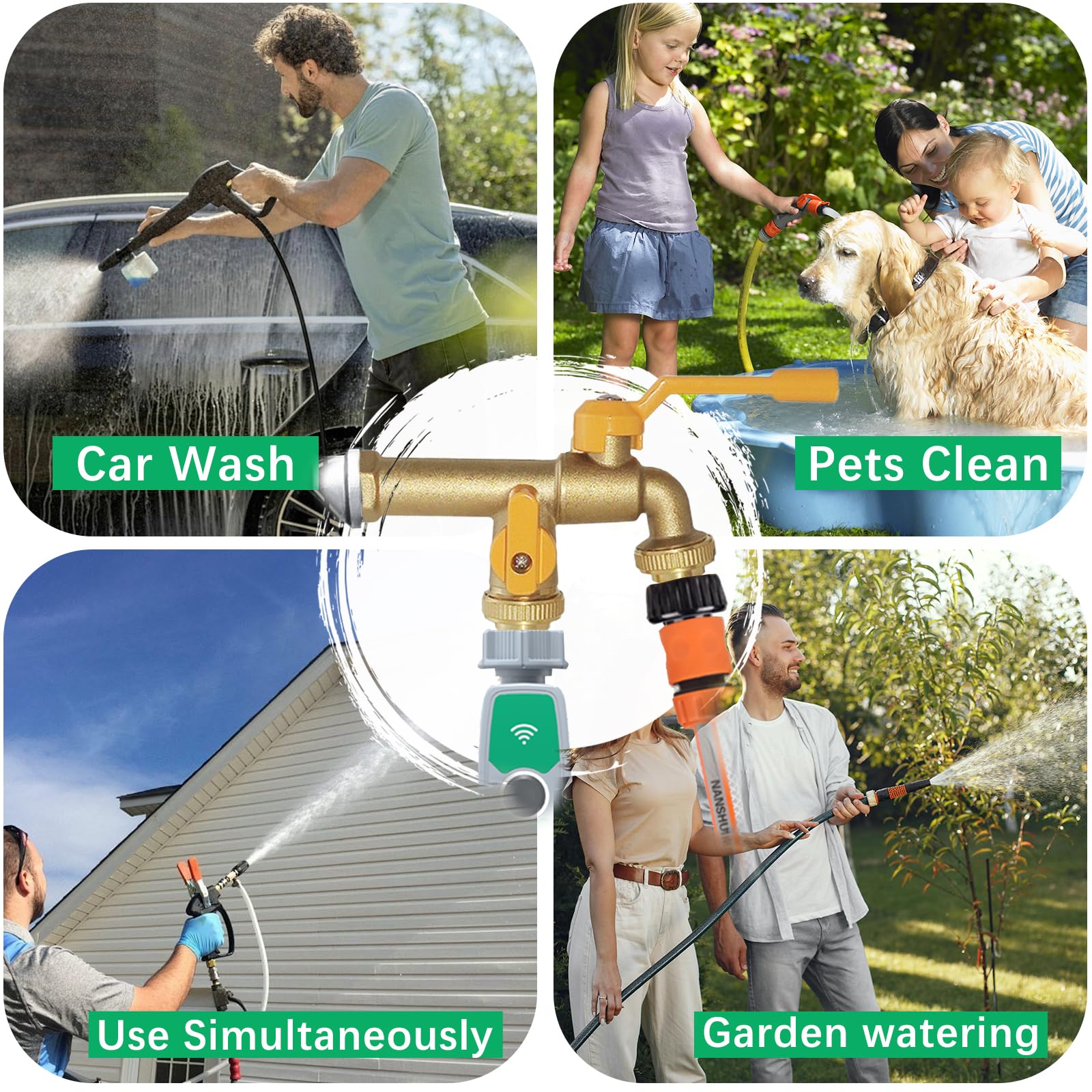 Robinet Exterieur Jardin à Double Sortie, Répartiteur de Tuyau en Laiton Inoxydable 2 Voies avec Entrée 1/2 et 2 Sorties 3/4 Pouces, Kit de Robinet Extérieur pour Jardin, Maison, Industrie