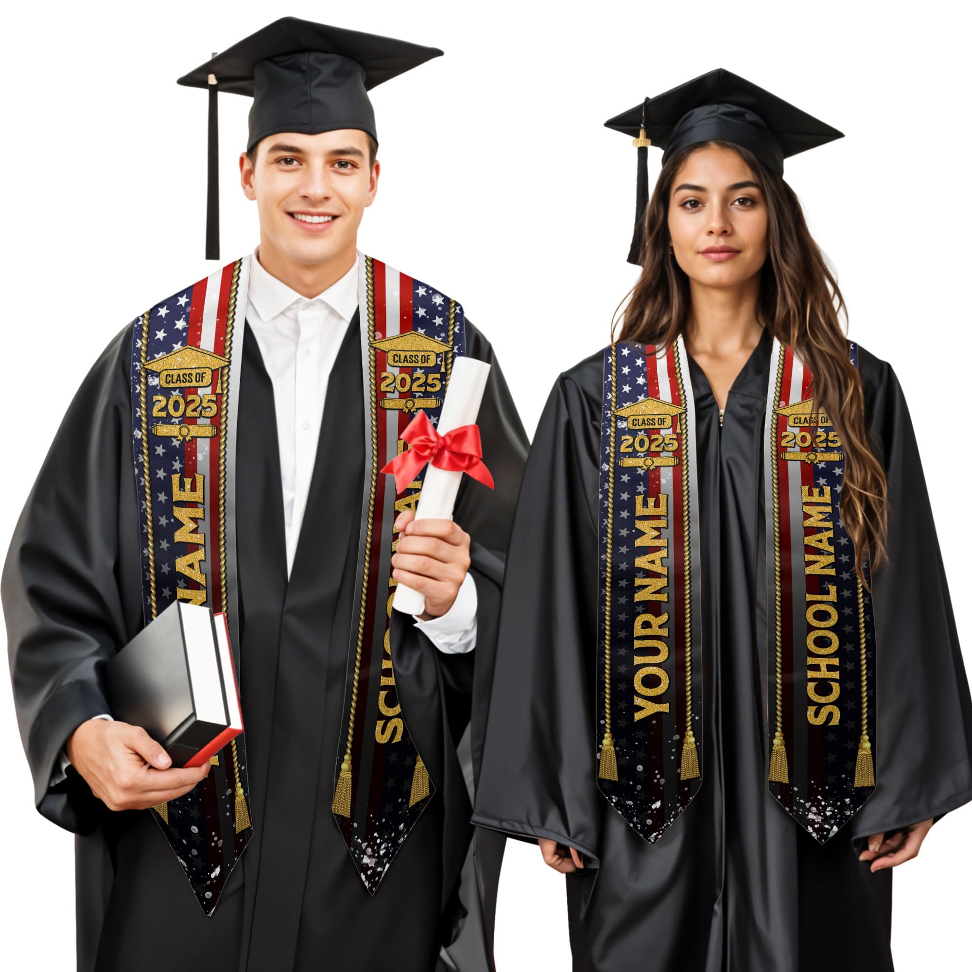 MonkeyVan Personalized USA Graduation Sash, Class of 2025 American Flag Stole Custom Stole for College High School University M10