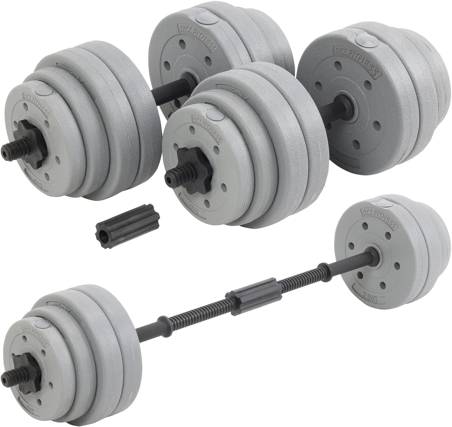 DTX Fitness 30Kg Adjustable Weight Lifting Dumbbell Barbell Bar and Weights Set - Silver