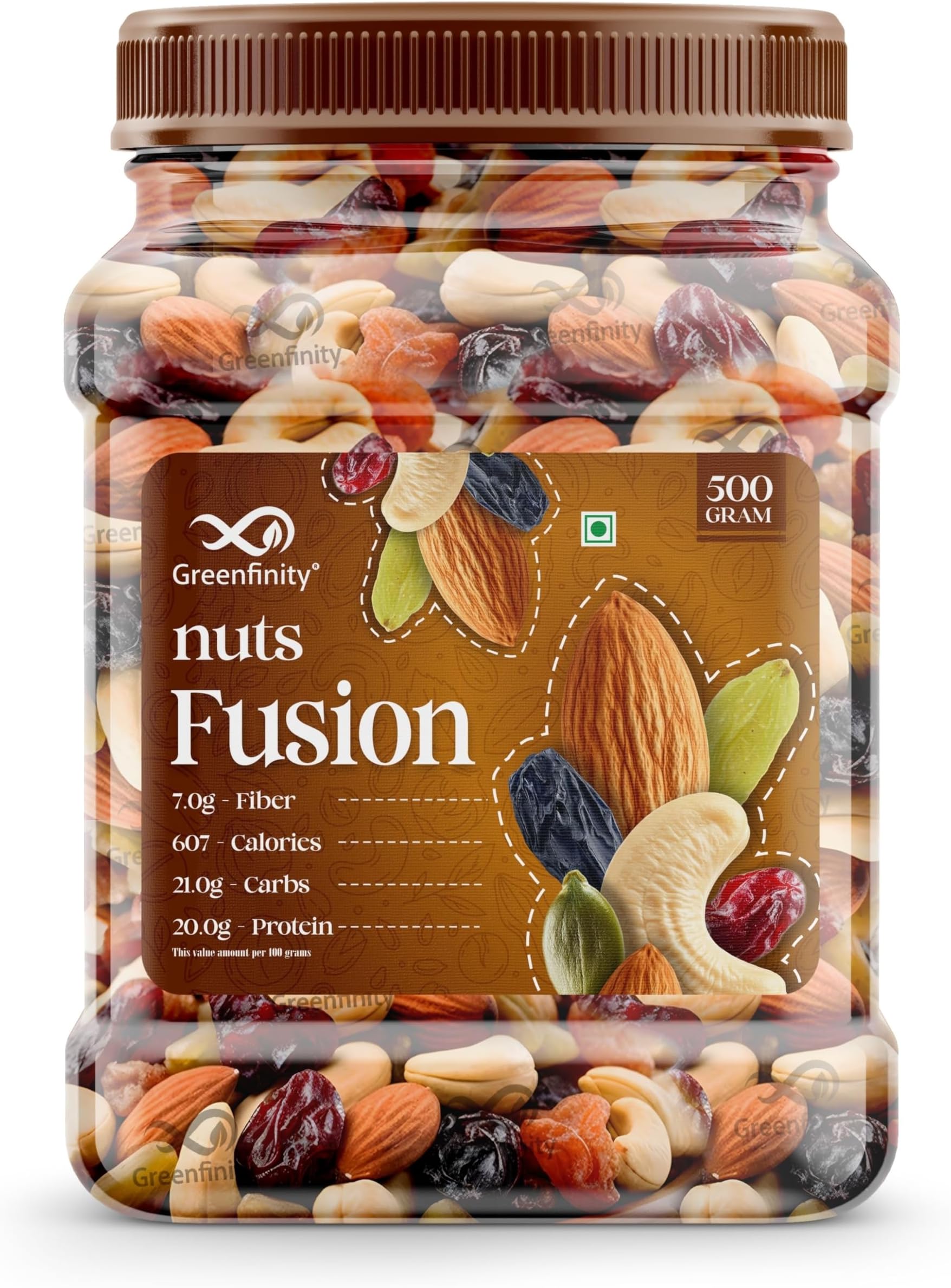 GreenFinity Mixed Dry Fruits Pack – 500g | Nutritious Snack with Almonds, Cashews, Raisins & Cranberries | Resealable Pack for Freshness