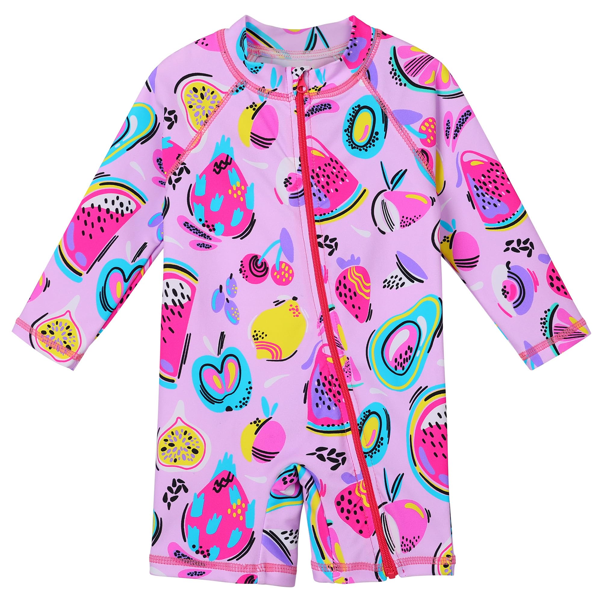 XFGIRLS 2024 New Little Girls Full Zipper Swimwear Long Sleeve One Piece Easy to Change Diapers Rash Guard Bathing Suit Size 1-2 Years, S425_PinkFruit_2A