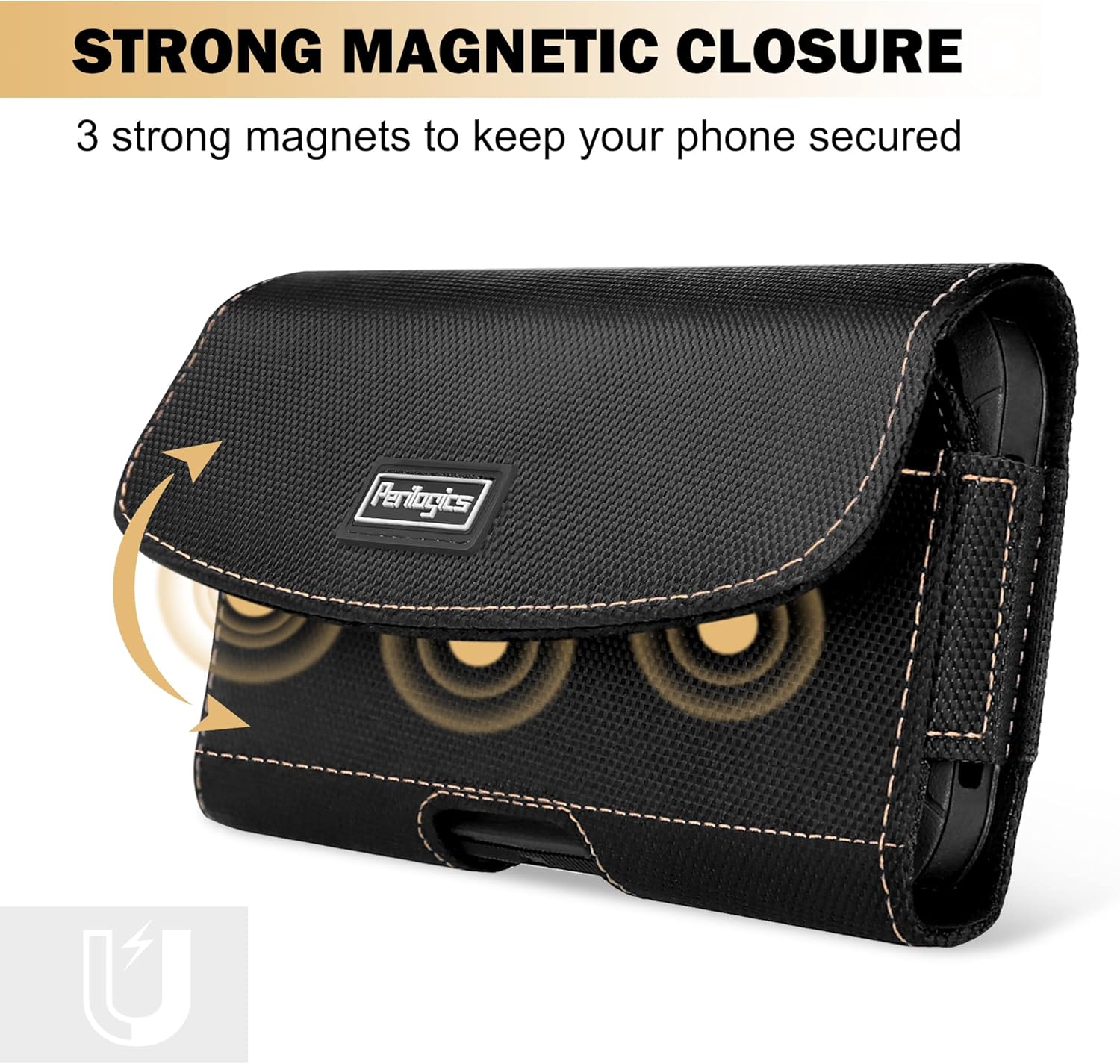 Perilogics Horizontal Nylon Belt Holster for iPhone 17 Pro Max, 16 Pro Max, 16 Plus and Other Pro Max/Plus Models with Case, Magnetic Cover, Chestnut Stitching, Belt Loops, and ID Slot - Image 5