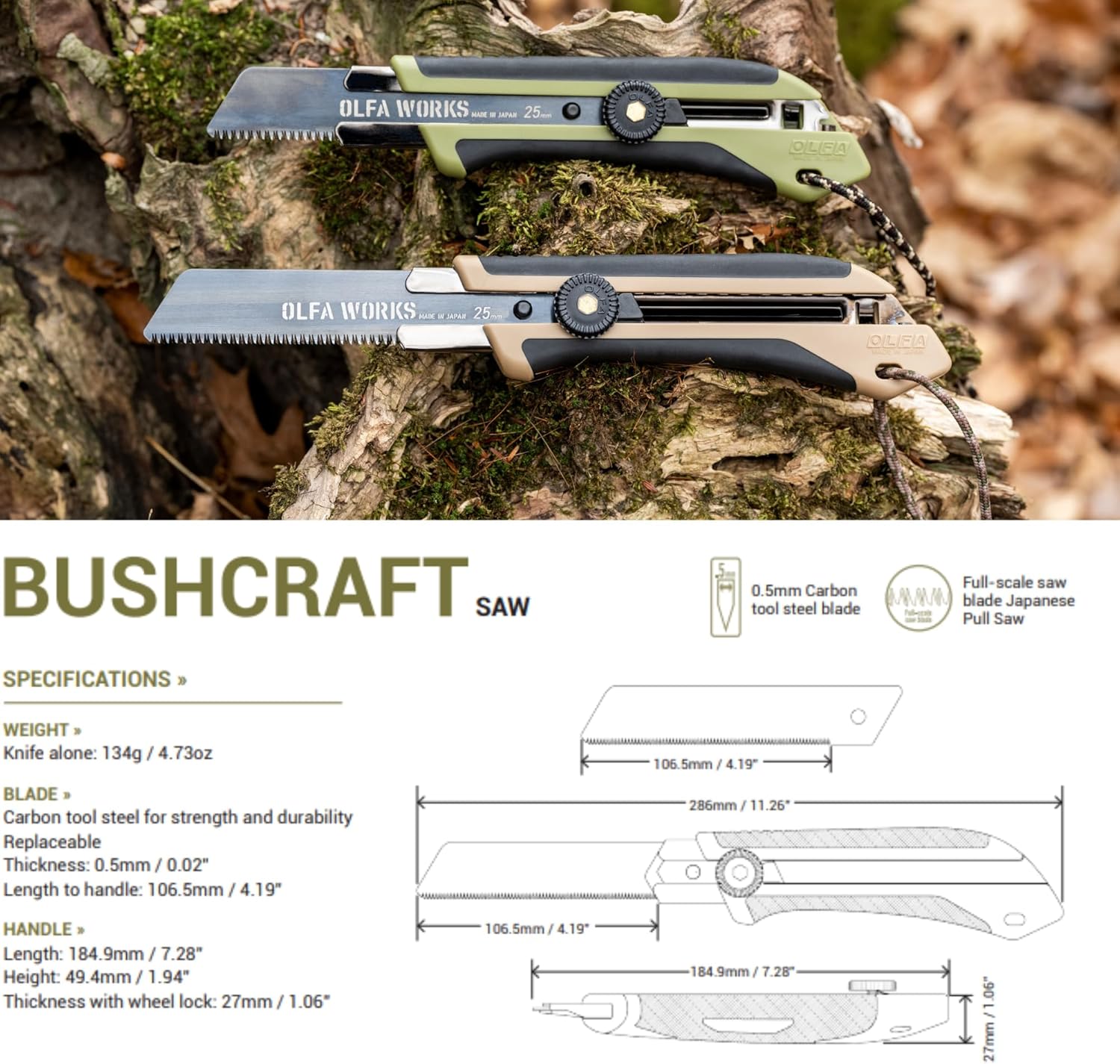 OLFA Works OW-BCS-1/OD Bushcraft Japanese Pull Saw, Serrated Replacable and Retractable Carbon Tool Steel Blade - Great for Trimming Branches, Woodwork and other Bushcraft or Outdoor Activities - Rachet-Lock Wheel, Replacement Blade: OW-BSB-1 (Olive)