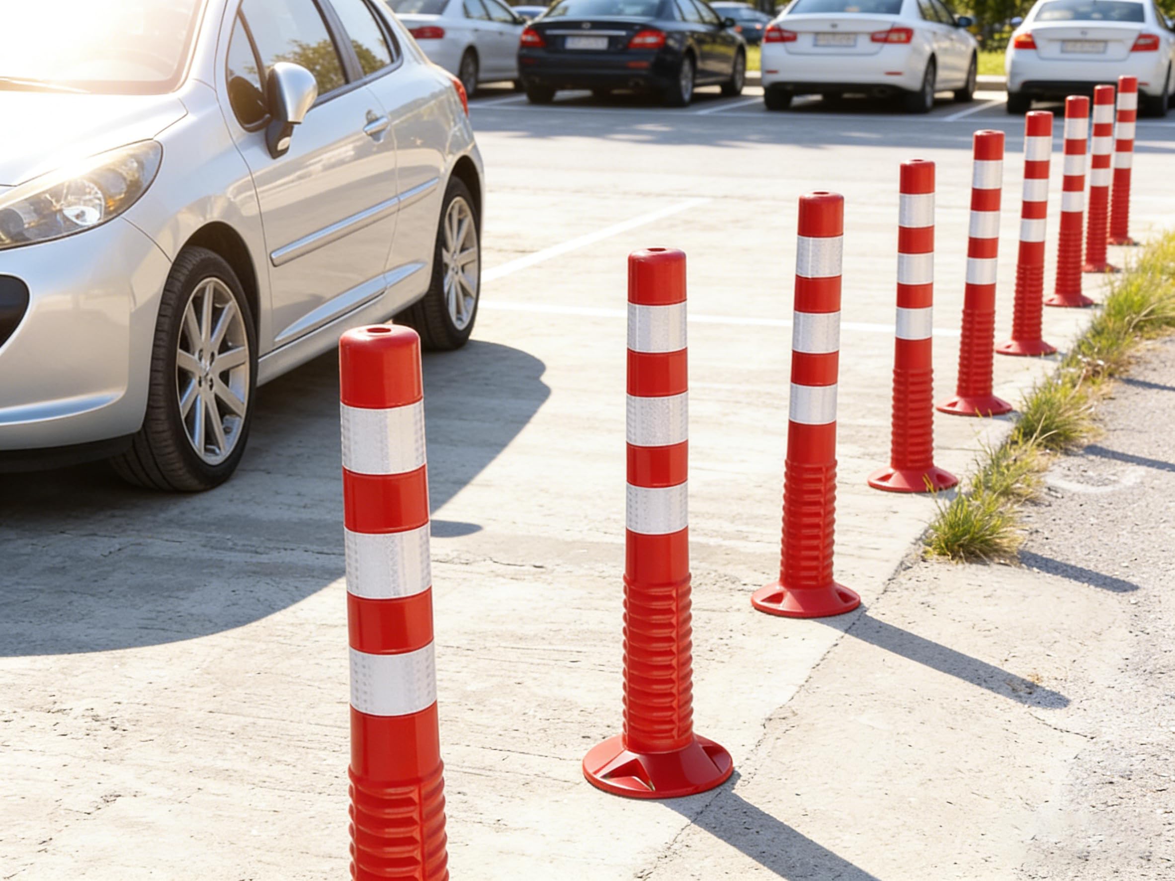 2 x Absperrpfosten 75 cm, Verstärkte Kunststoffpfosten mit Reflektoren & Schrauben, Poller aus flexiblem Polyurethan, selbstaufrichtender Flexible Verkehrspfosten für Verkehrssicherheit, Rot