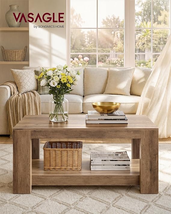 VASAGLE Coffee Table, 2-Tier Center Table with Rustic Charm and Clean Lines
