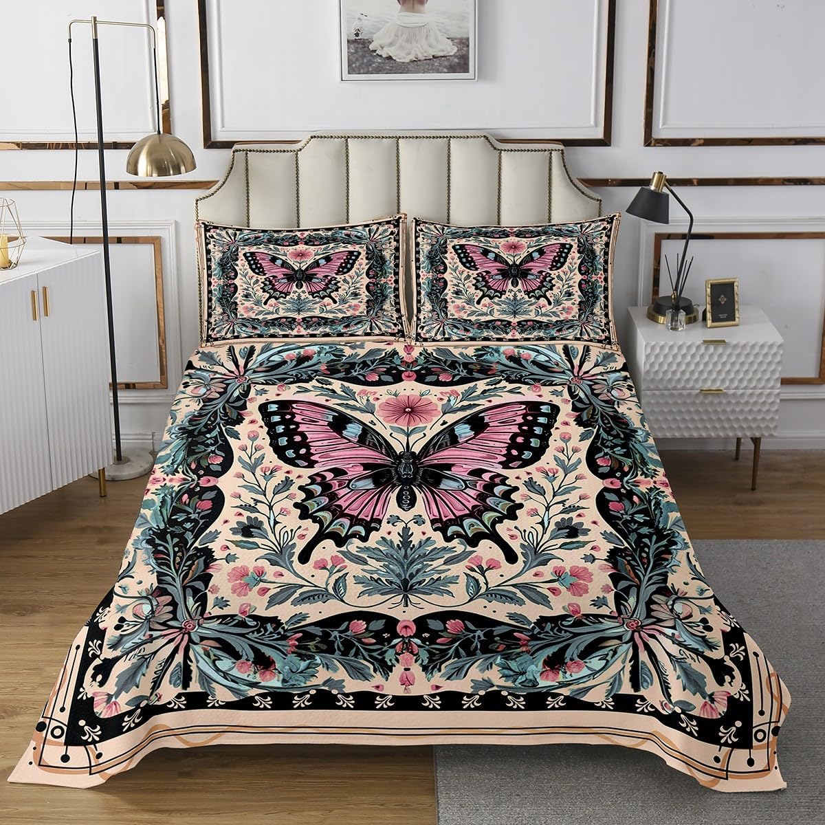 Bohemia Vintage Style Bedspread King,Gothic Nature Rustic Flower Quilted Coverlet 3pcs for Adults Teens Room Decor,Butterfly Soft Breathable Bedding Quilt