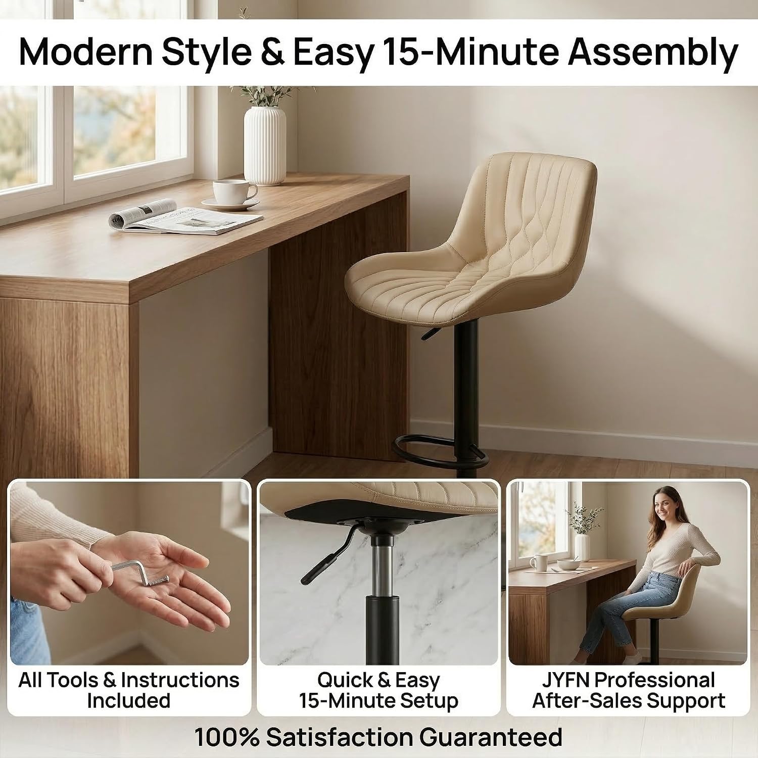 Bar Stools Set of 4, Modern Adjustable Swivel Barstools with Back, Faux Leather Upholstered Counter Height Bar Chairs for Kitchen Island, Dining Room & Counter,Khika