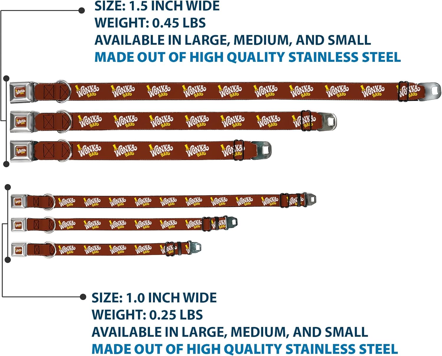 Movies Pet Collar, Dog Collar Metal Seatbelt Buckle, Willy Wonka and The Chocolate Factory Wonka Bar Logo, 16 to 23 Inches 1.5 Inch Wide