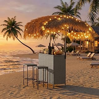 Rotihom Outdoor Tiki Bar Set With Widen Hula Thatched Shade(48