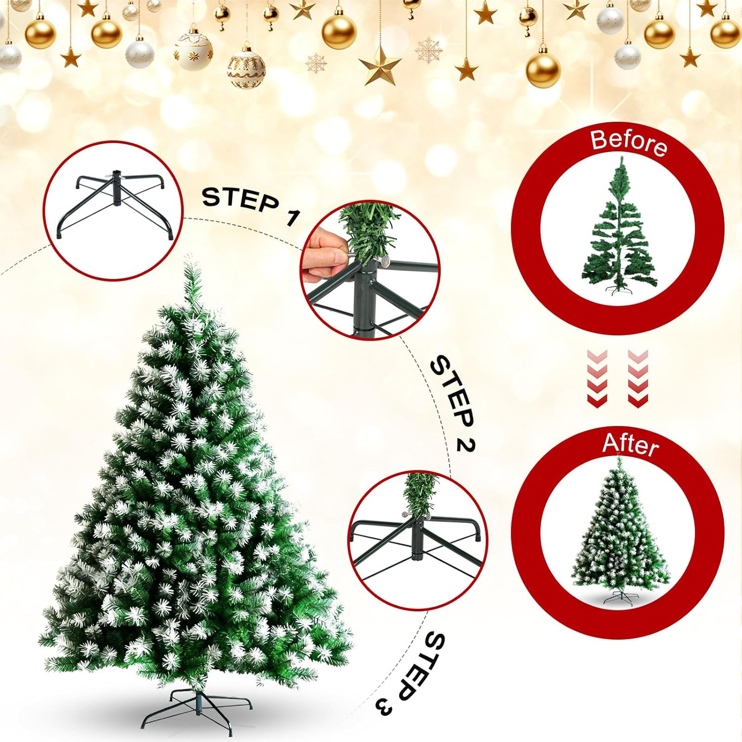 Premium PVC Snow Flocked Fir Artificial 8ft Hinged Spruce Christmas Tree with 1300 Branches, Reinforced Metal Stand Base, Lightweight, Easy to Assemble