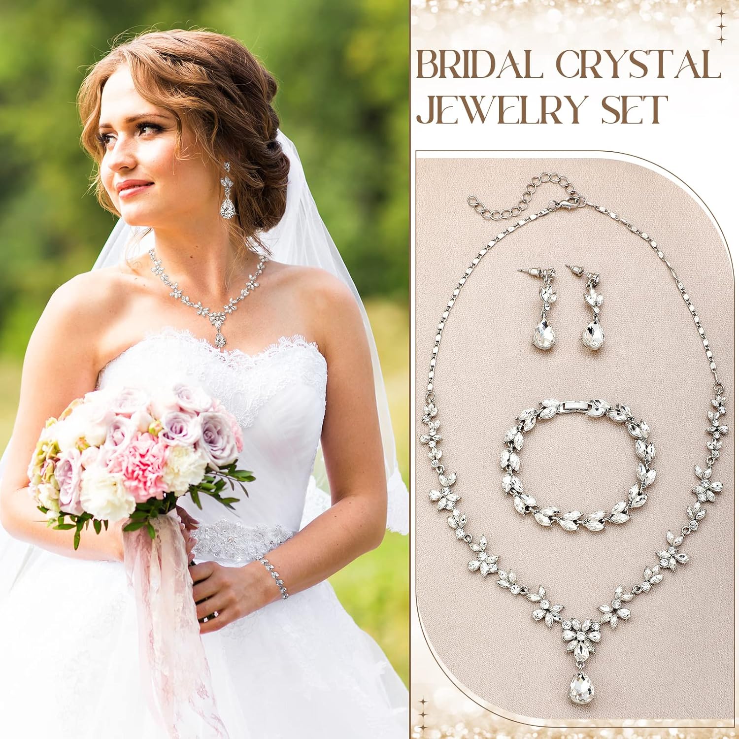 Henoyso 5 Pcs Bride Jewelry Set Rhinestone Necklace Earrings Bracelet Headpieces Sets for Wedding Bridal Party Prom Costume - Image 2