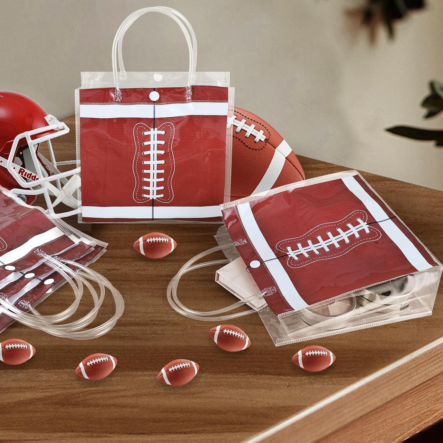 PLUVAVA 16 Pieces Football Clear Gift Bags Football Transparent Treat Goodie Bags Sport Clear PVC Snack Bag with Handles for Sports Team Birthday Holiday Party Decorations Supplies (Football) image 3