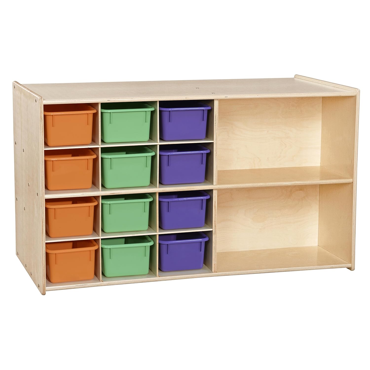 Contender Double Storage Unit with (12) Assorted Trays, Pigeon Hole Shelving, Kids Bookshelf Storage Compartments, Rolling Wheels for Office, Daycare [Comes Fully Assembled]