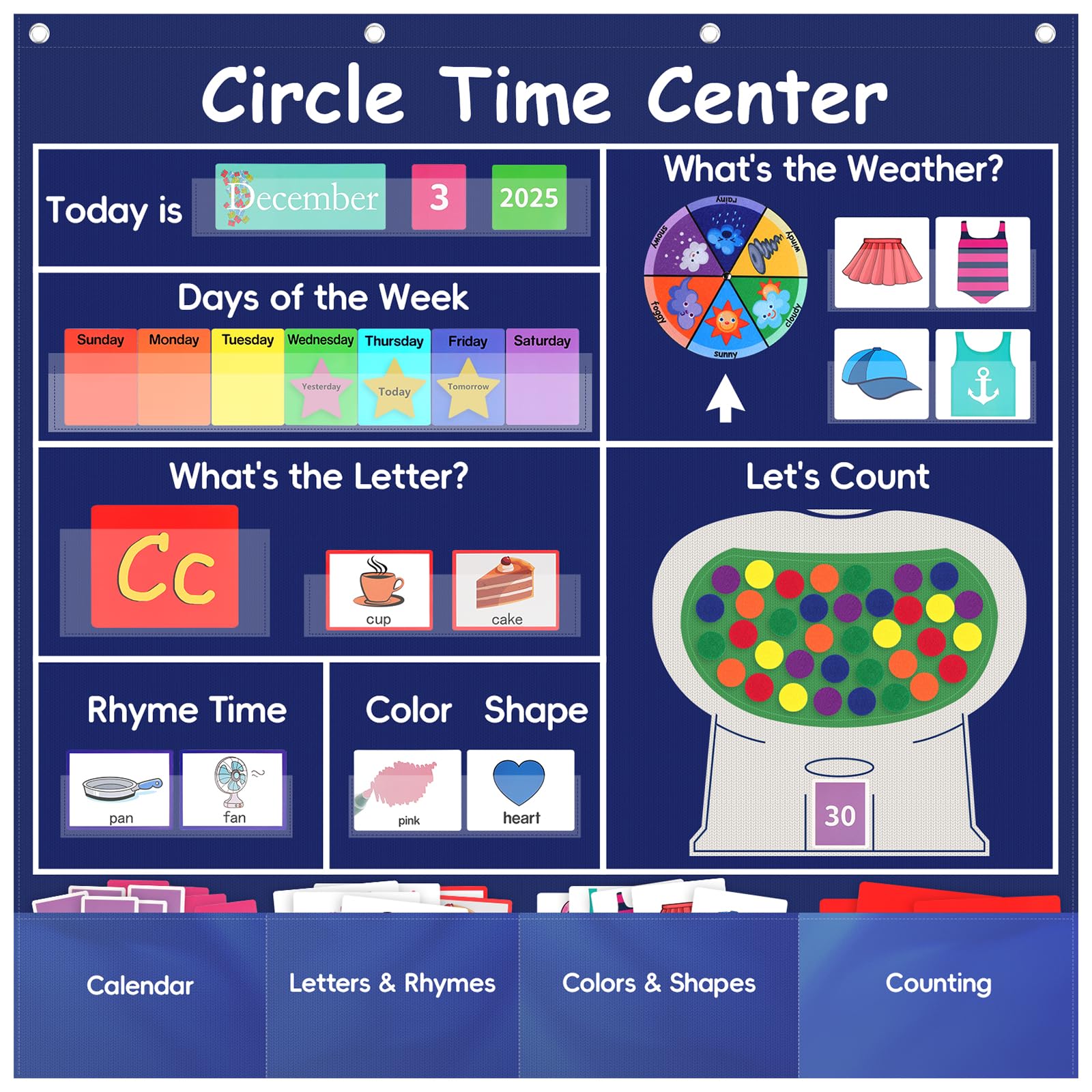 Ottkids Circle Time Learning Center Classroom Pocket Chart,Circle Time Calendar Preschool Include 224 Cards, Educational Pocket Chart Material,Learning Calendar Weather Letter Counting Color Shape