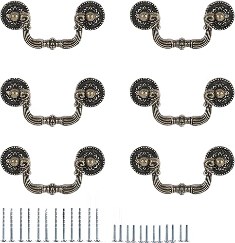 Fanruier 6 manijas nostálgicas elegantes para cajones, barandilla de tocador, cajón, manijas de bronce vintage (2.52 pulgadas)