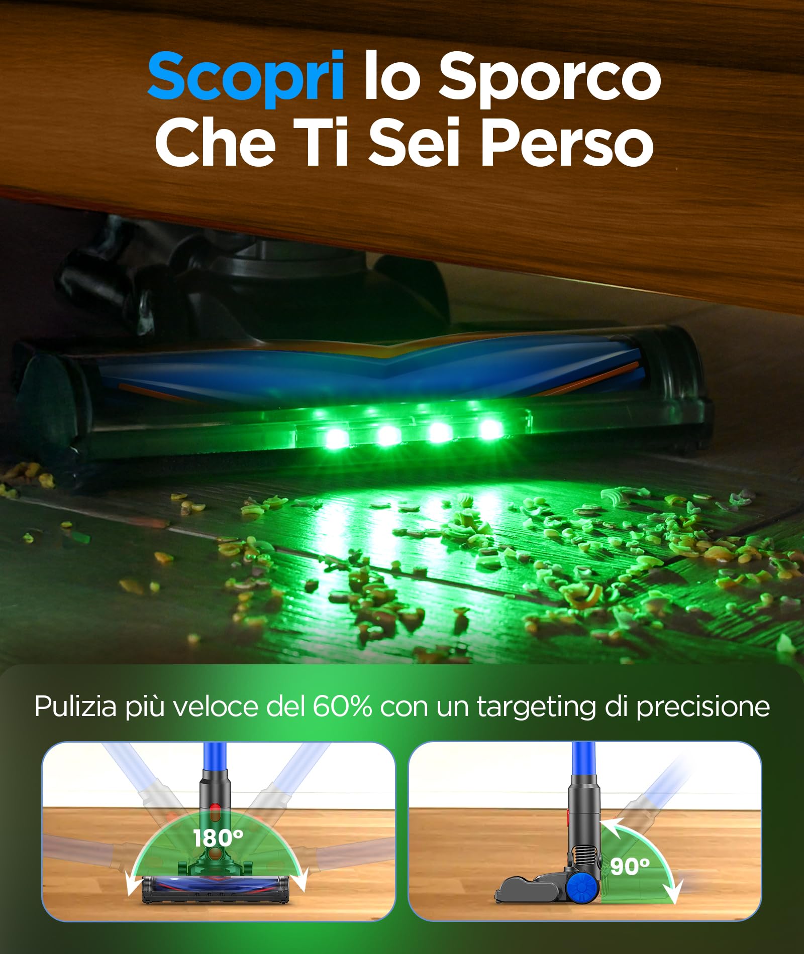 VersLife Z8 Aspirapolvere Senza Fili 40KPa, Scopa Elettrica Leggera con Filtro HEPA, Luce LED Verde, Autonomia 45 Min, Design Autoportante, per Pavimenti Duri, Tappeti e Peli di Animali