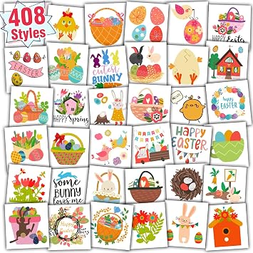 وشم Partywind 408 قطعة للأطفال، حشوات سلة عيد الفصح، أساسيات سلة عيد الفصح لمستلزمات الحفلات، زينة الربيع مع بيض عيد الفصح/الفراخ/الأرانب، جوائز لعبة البحث عن البيض
