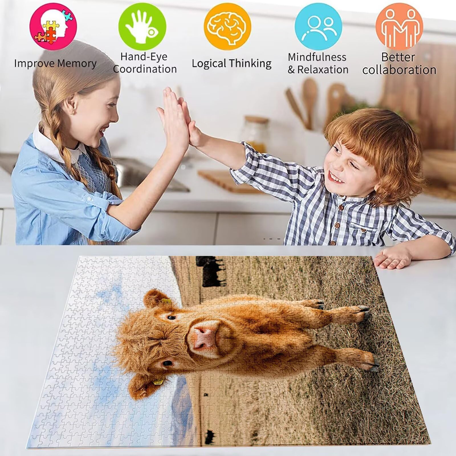 Puzzle 2000 Teile Wiese Puzzle Erwachsene, DIY Groß Puzzelmatten, Holzpuzzle für Erwachsene und Kinder ab 12 Jahren Wooden Jigsaw Hochlandrinder Geschicklichkeitsspiel für Die Ganze Familie, D-529