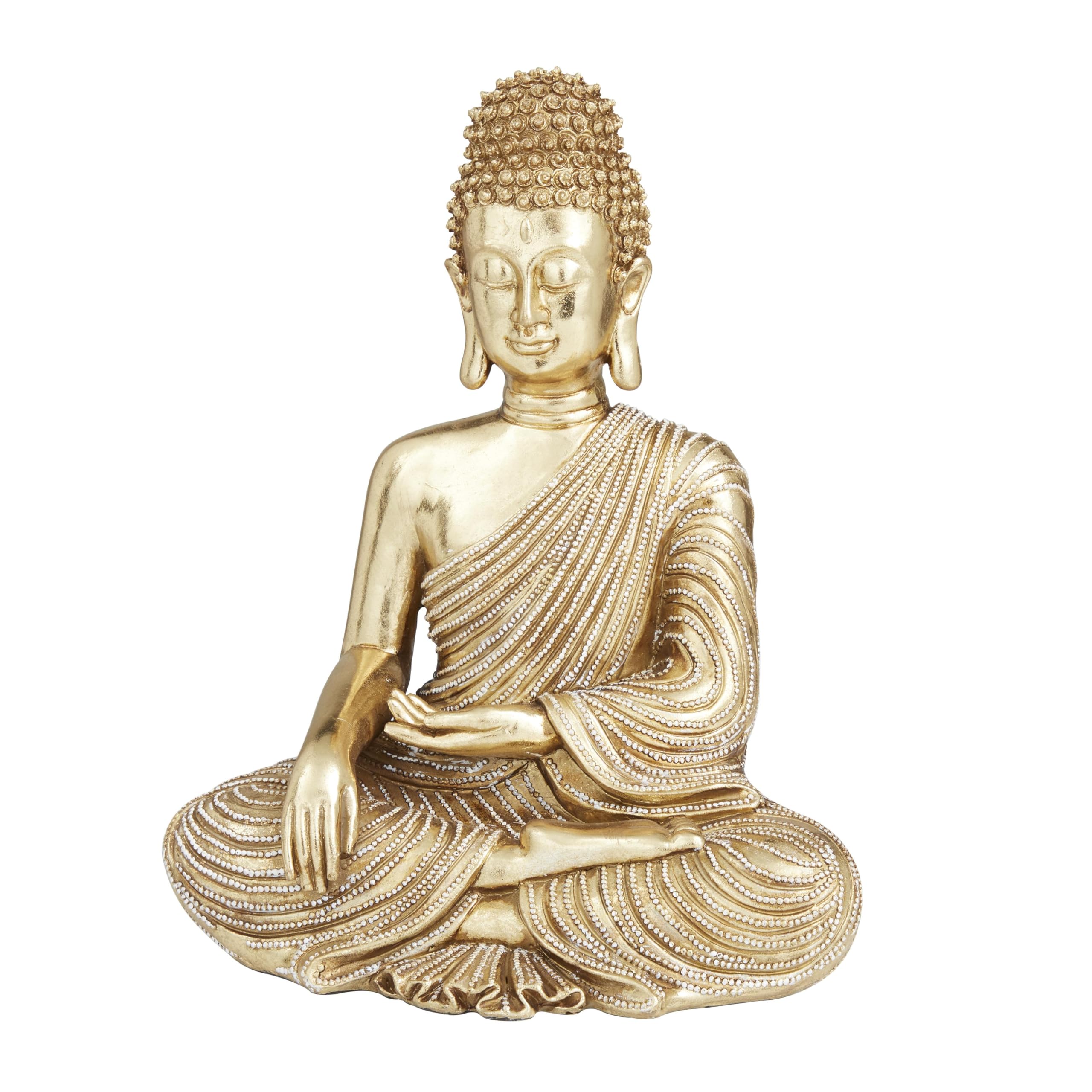 Polystone Buddha Decorative Sculpture Meditating Home Decor Statue with Engraved Carvings and Relief Detailing, Accent Figurine 6" x 4" x 8", Gold