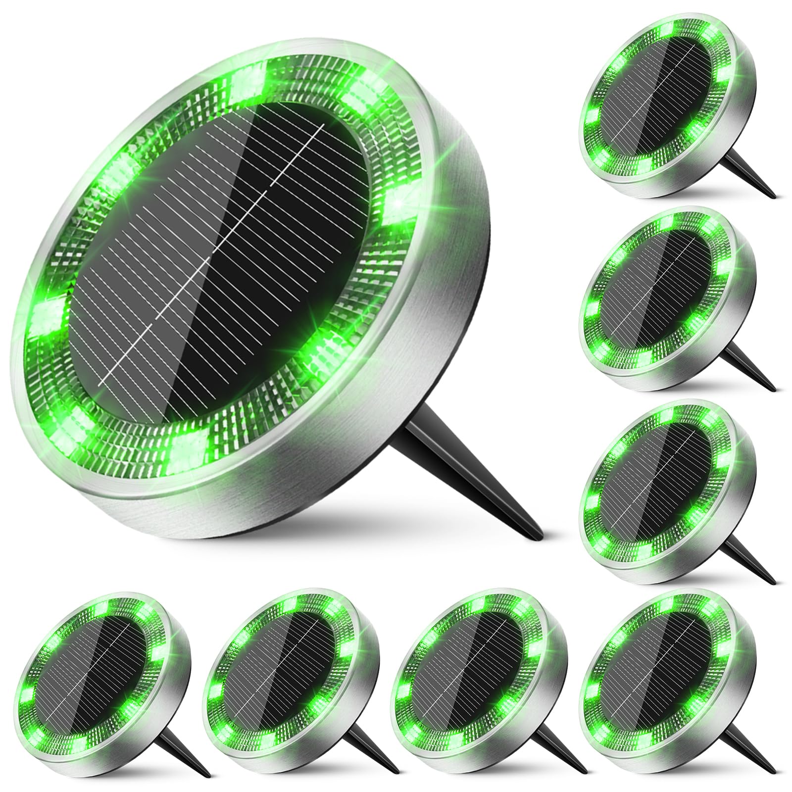 Peasur Mini Solar Ground Lights Outdoor, 8 Pack Flat Solar Powered Disc Lights, IP68 Waterproof, Anti-Rust, Landscape Lighting for Pathway Garden Yard Lawn Walkway Landscape Driveway, Green