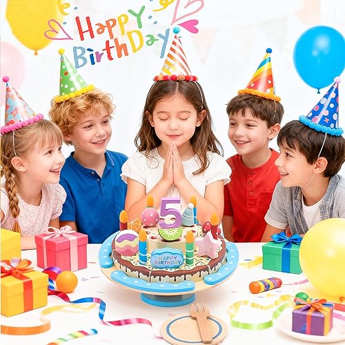 Miniatura 7 de Juego de pastel de cumpleaños de madera para niños, pastel de cumpleaños realista con velas y frutas para juegos de simulación, juguetes de madera,