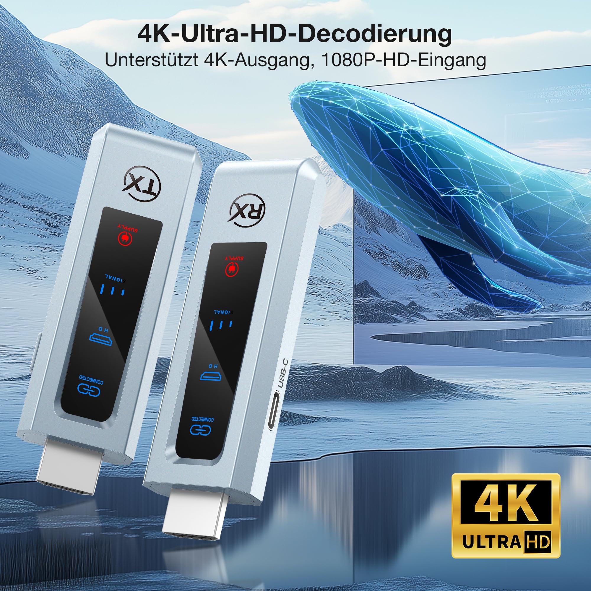 Bezprzewodowy transmiter i odbiornik HDMI, stabilne połączenie, 2,4 G/5 G, z ekranem LED, Plug & Play do strumieniowego przesyłania plików audio z laptopa, komputera PC do HDTV, projektora