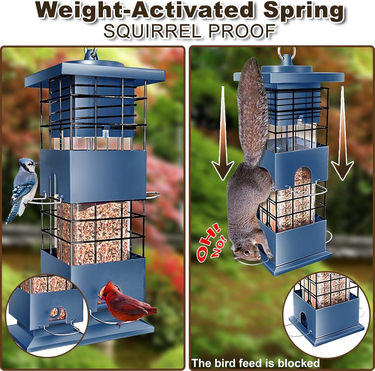 Squirrel Proof Bird Feeder, 3LBS Anti-Squirrel Bird Feeders for Outdoors Hanging,Weight-Activated Perches Metal Wild Birdseed Feeders for Cardinal Blue Jay Outside (Blue)