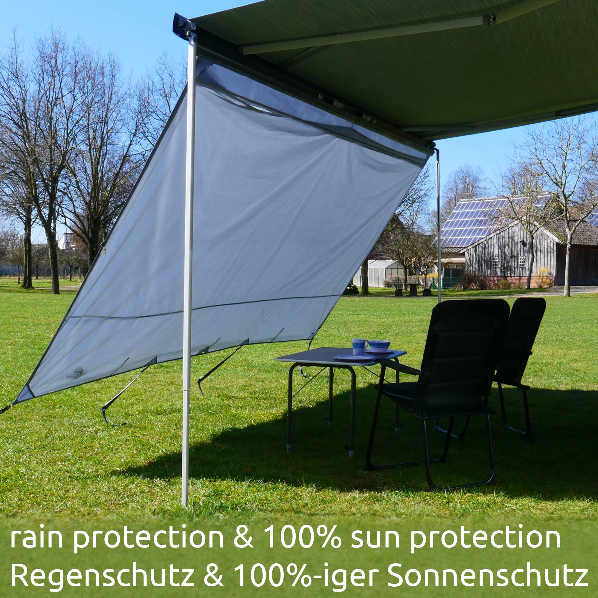 Gear Sun & Rain Blocker – Toldo delantero o paredes laterales, varios tamaños, UPF 50+, 5000 mm de columna de agua, 3 refuerzos de 4,3, 6,2 y 7 mm, anchuras