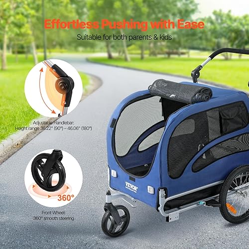 Miniatura 3 de VEVOR Dog Bike Trailer, Supports up to 6688100 lbs, 2-in-1 Pet Stroller Cart Bicycle Carrier, Easy Folding Cart Frame with Quick Release Wheels,