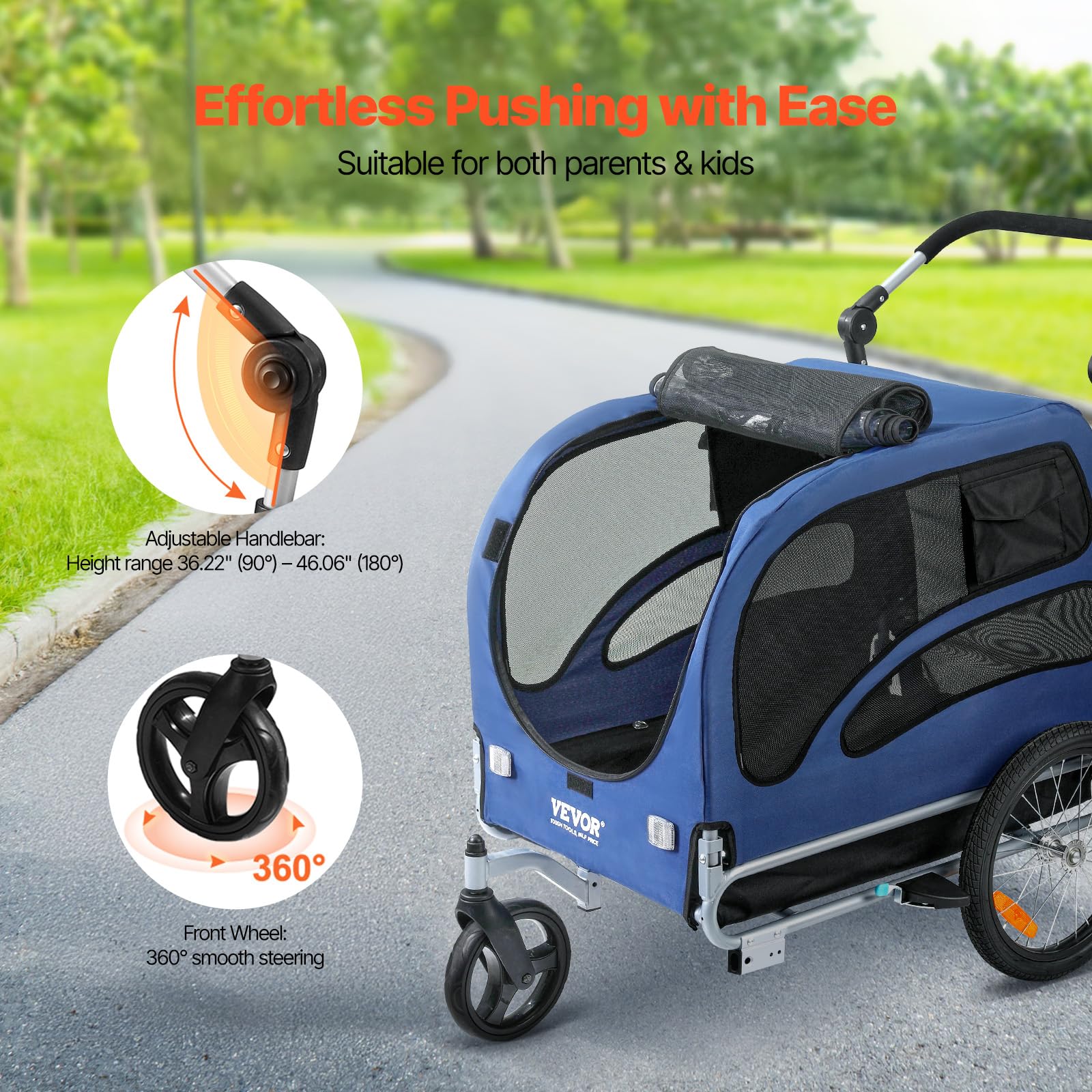 VEVOR Rimorchio Bici per Cani Pieghevole Portata max. 45kg Passeggino per Animali Domestici con Ruote a Sgancio Rapido, Attacco Universale, Carrello per Bici Traino Rimorchio per Animali Nero/Blu