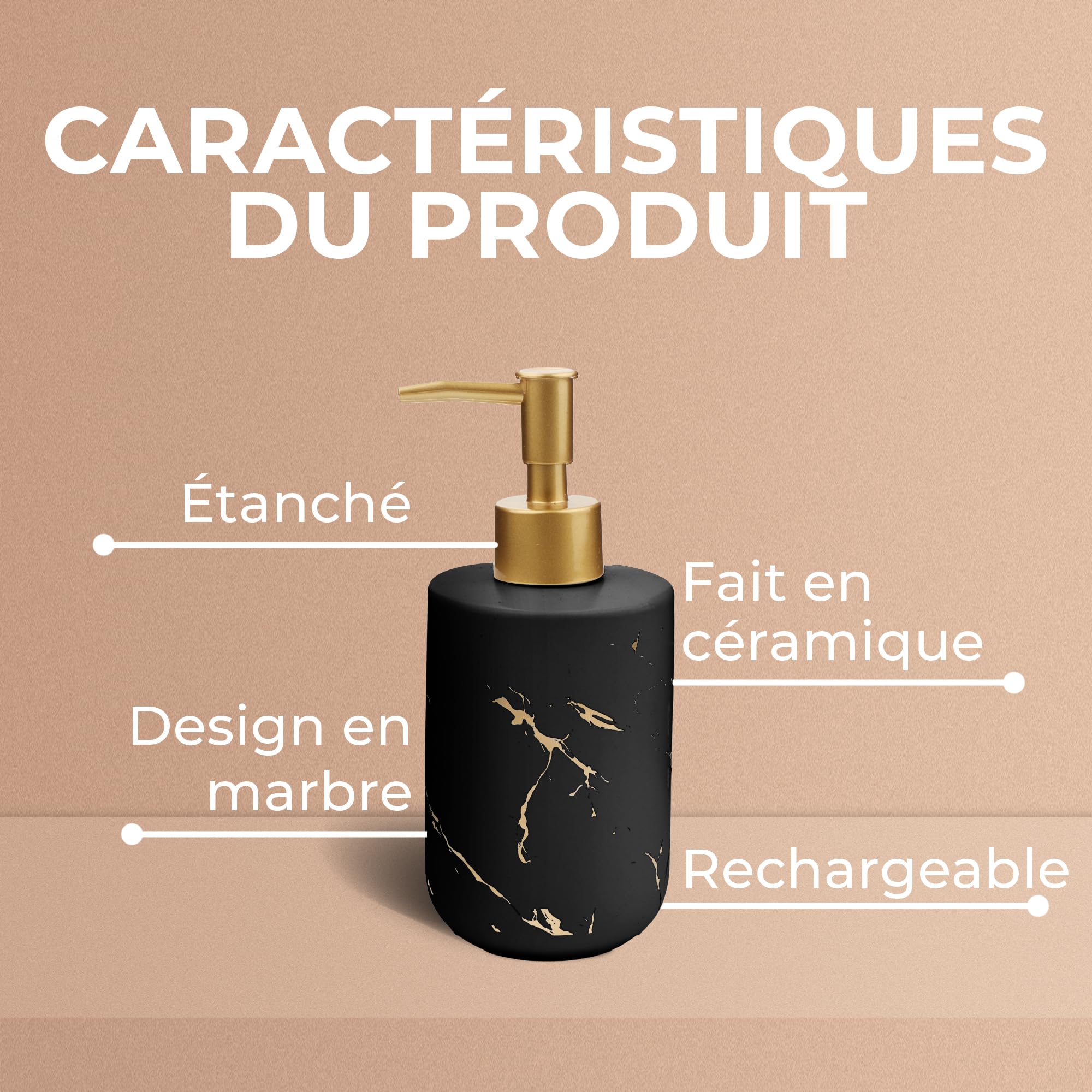 Distributeur Savon Douche Céramique 400ML | Distributeur Savon Salle De Bain | Distributeur De Savon Liquide Vaisselle Pompe Savon | Pousse Mousse Savon Main | Distributeur À Savon (Noir)