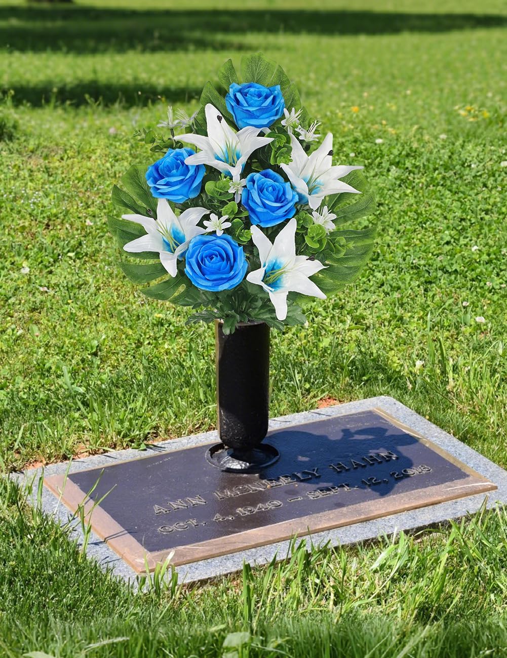 Hollyone 2 Set Artificial Cemetery Flowers for Grave, Silk Blue Fake Rose Lily Bouquet Floral Arrangement Flowers Outdoor Graveyard Memorial Flower for Cemetery Headstones Funeral Vase Decoration
