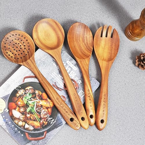 Miniatura 4 de 12 cucharas de madera para cocinar con soporte, utensilios de cocina, espátulas de madera para cocinar