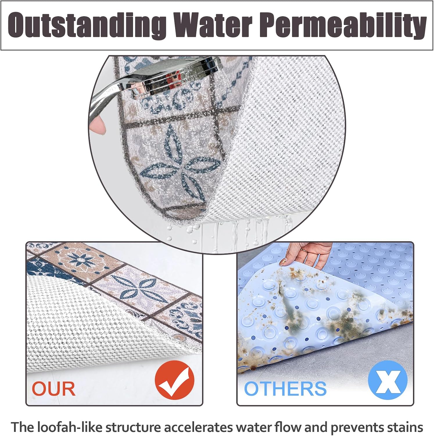 Square Shower Mat 24x24 Inch Non Slip Bath Mat for Inside Shower Loofah Shower Mat for Elderly Soft Textured Foot Massage Pad Bathroom Floor Mat for Wet Area, Without Suction Cups, Quick Drying - Image 4