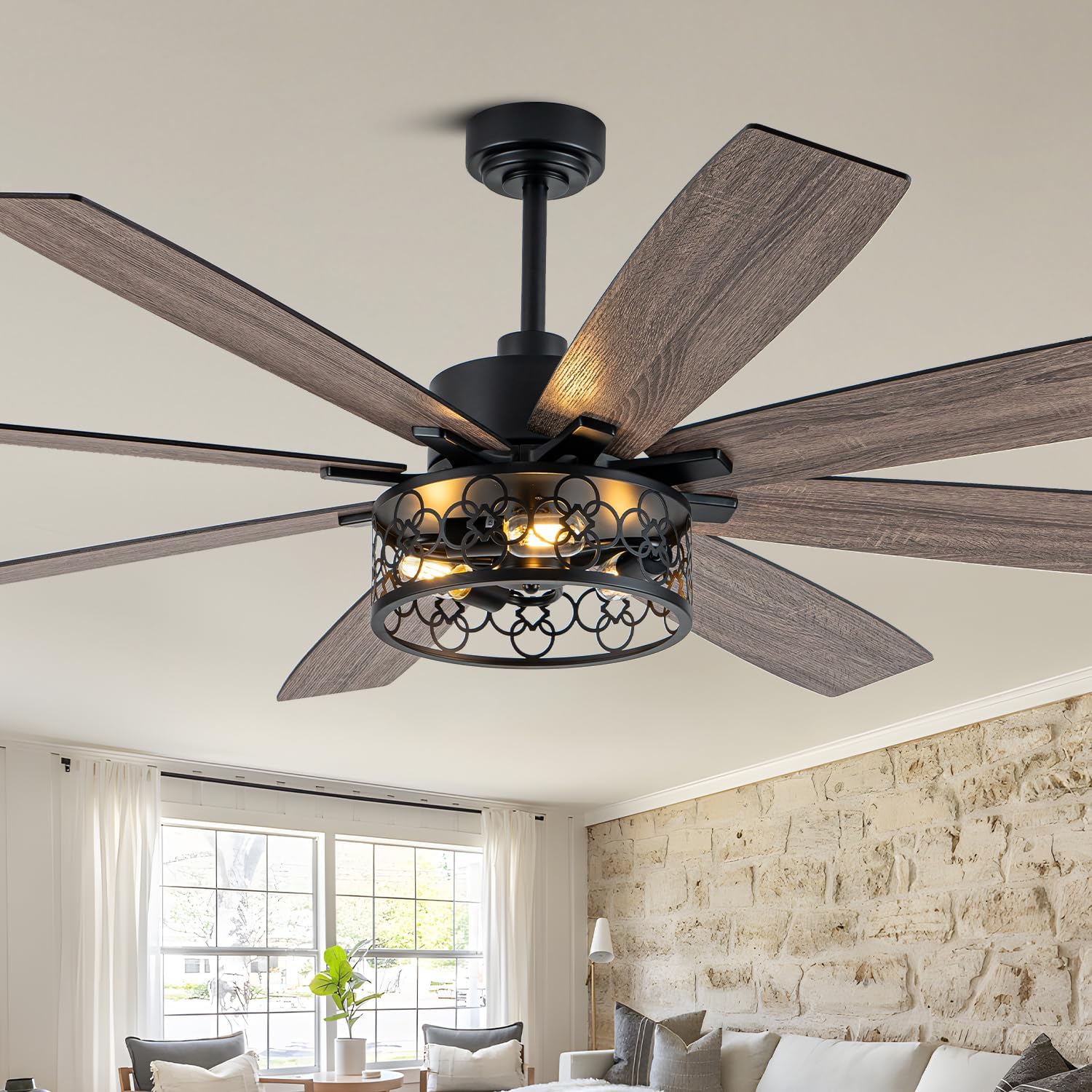 72 Inch Ceiling Fan with Light Farmhouse Ceiling Fan Rustic Caged Chandelier Fan for Living Room Bedroom Patio