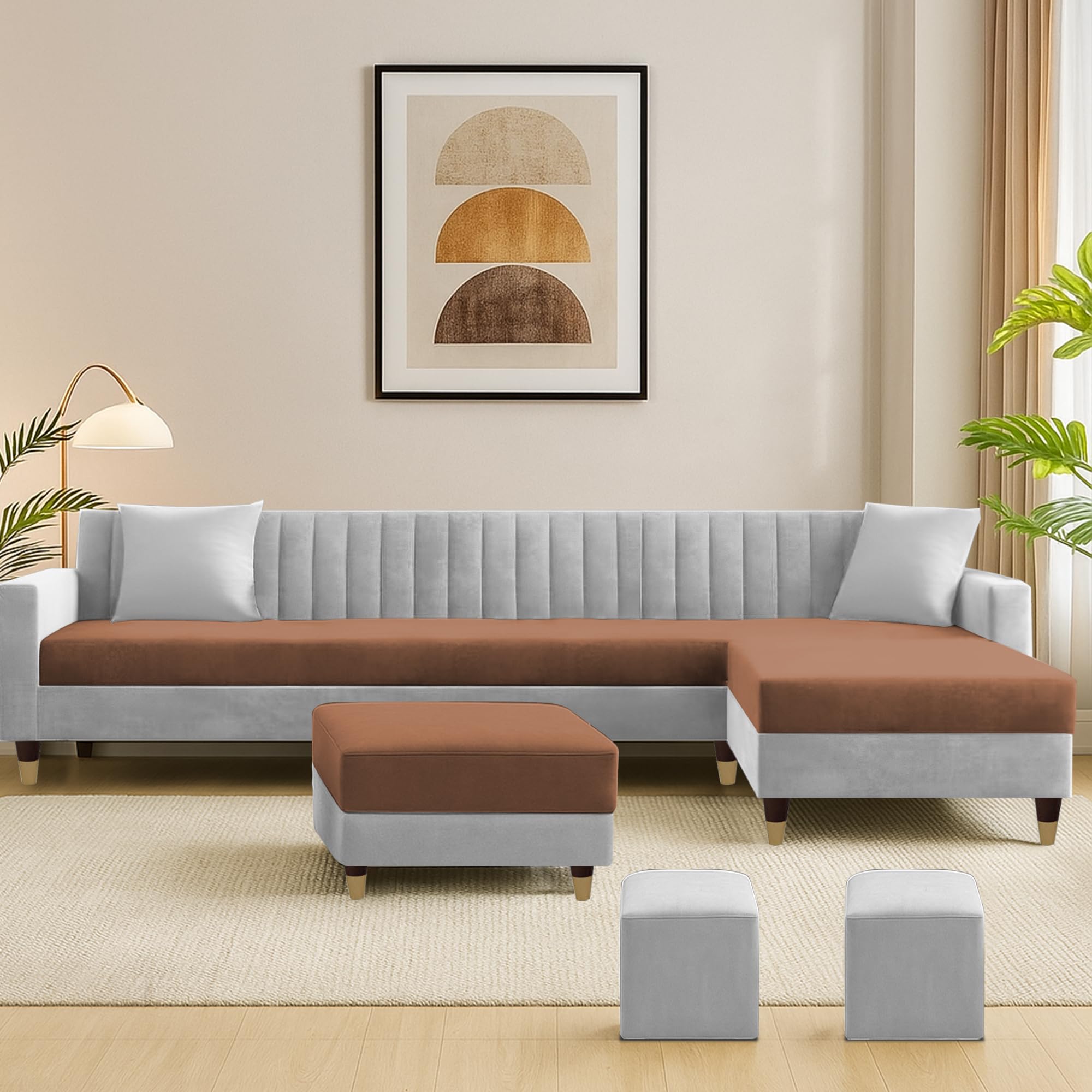 Casaliving Garcia RHS 8 Seater L Shape Sofa Set with 1 Ottoman & 2 Puffy for Living Room (Brown Grey) Premium Fabric Sofa Set-image-37