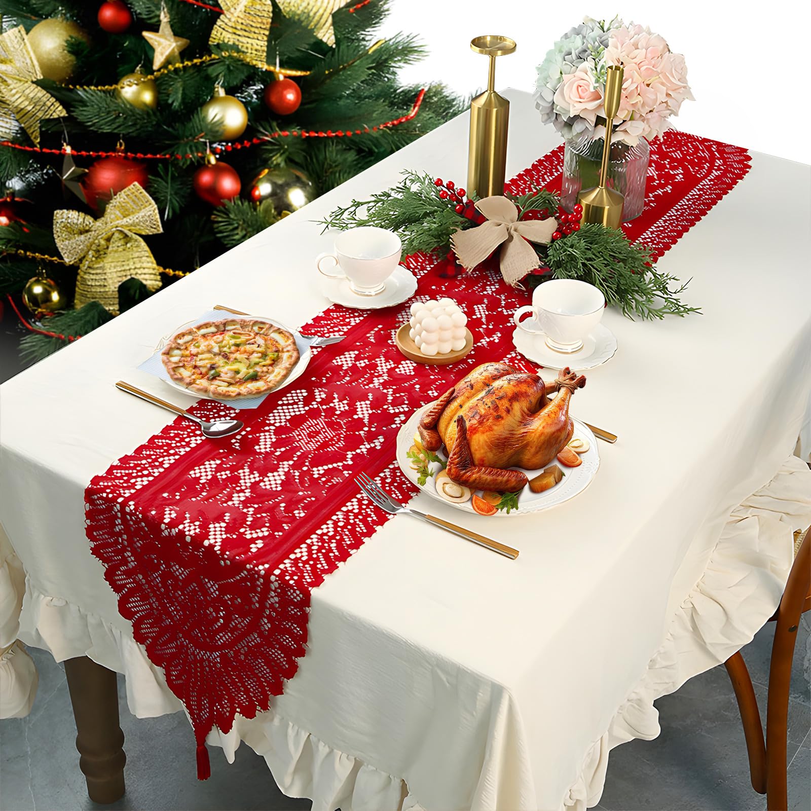 Camino de Mesa Navidad, Dwafill 33X183CM Camino de Mesa Elegante, para Fiestas, Bautizos, Reuniones, Decoraciones de Otoño, Navidad, Decoraciones de Mesa de Bodas (Rojo, 183*33CM)