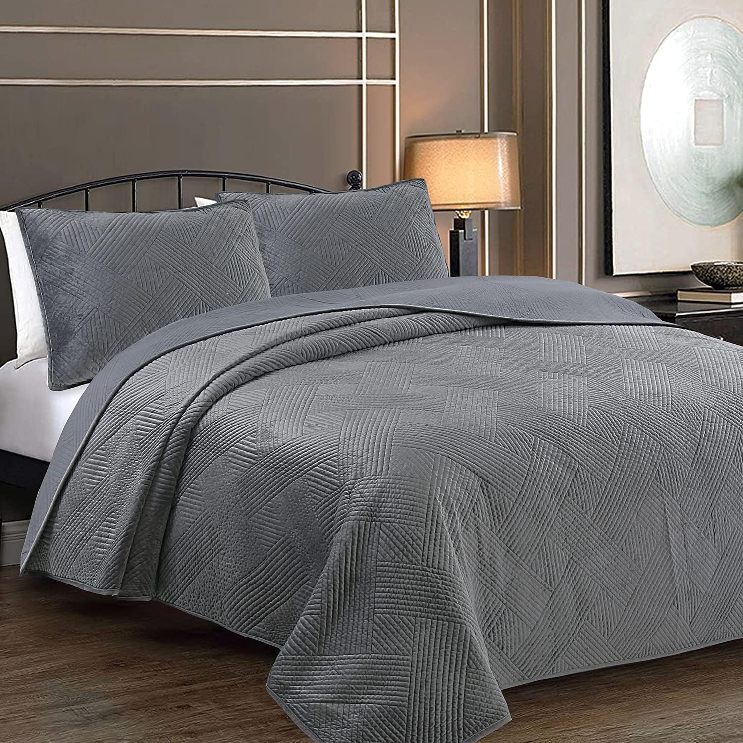 Cozy Line Home Fashions Dark Gray Velvet Basketweave Luxurious Velveteen Velour Super Soft Quilt Bedding Set, Coverlet, Bedspread (King - 3 Piece)