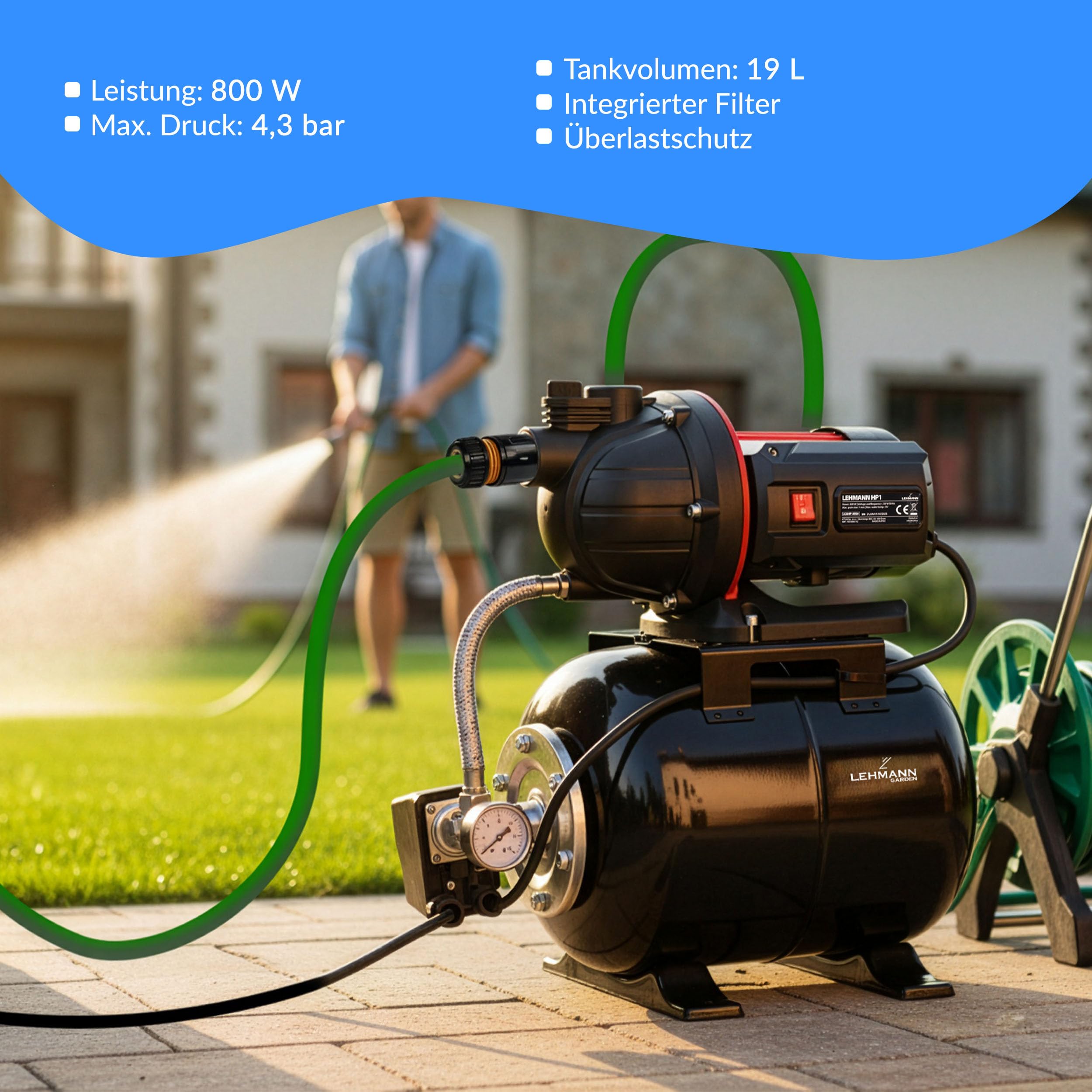 LEHMANN Hauswasserwerk HP1, 800 W, 5200 l/h, 19 L Edelstahldruckkessel, 43 m Förderhöhe, wartungsfreier Motor, selbstansaugend, Trockenlaufschutz, Überhitzungsschutz, Filter & Manometer, Schwarz