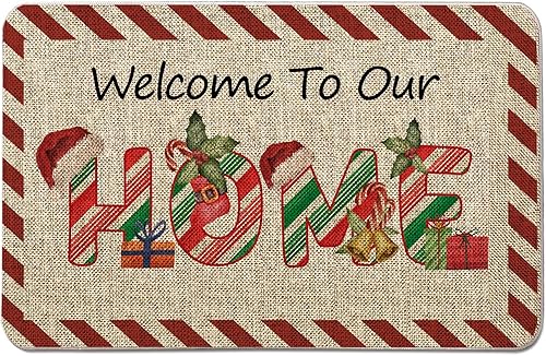 GAGEC Tapete de Navidad para puerta de exterior, tapete de bastón de caramelo, alfombra de entrada roja y blanca, tapete de puerta de menta para