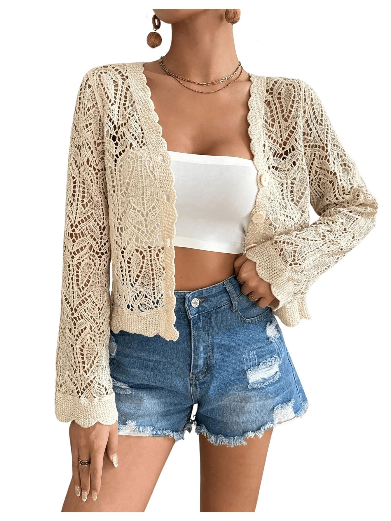 Womens Hollow Out Crochet Cardigan Sweater Scallop Trim Button Down Long Sleeve Knit Outerwear