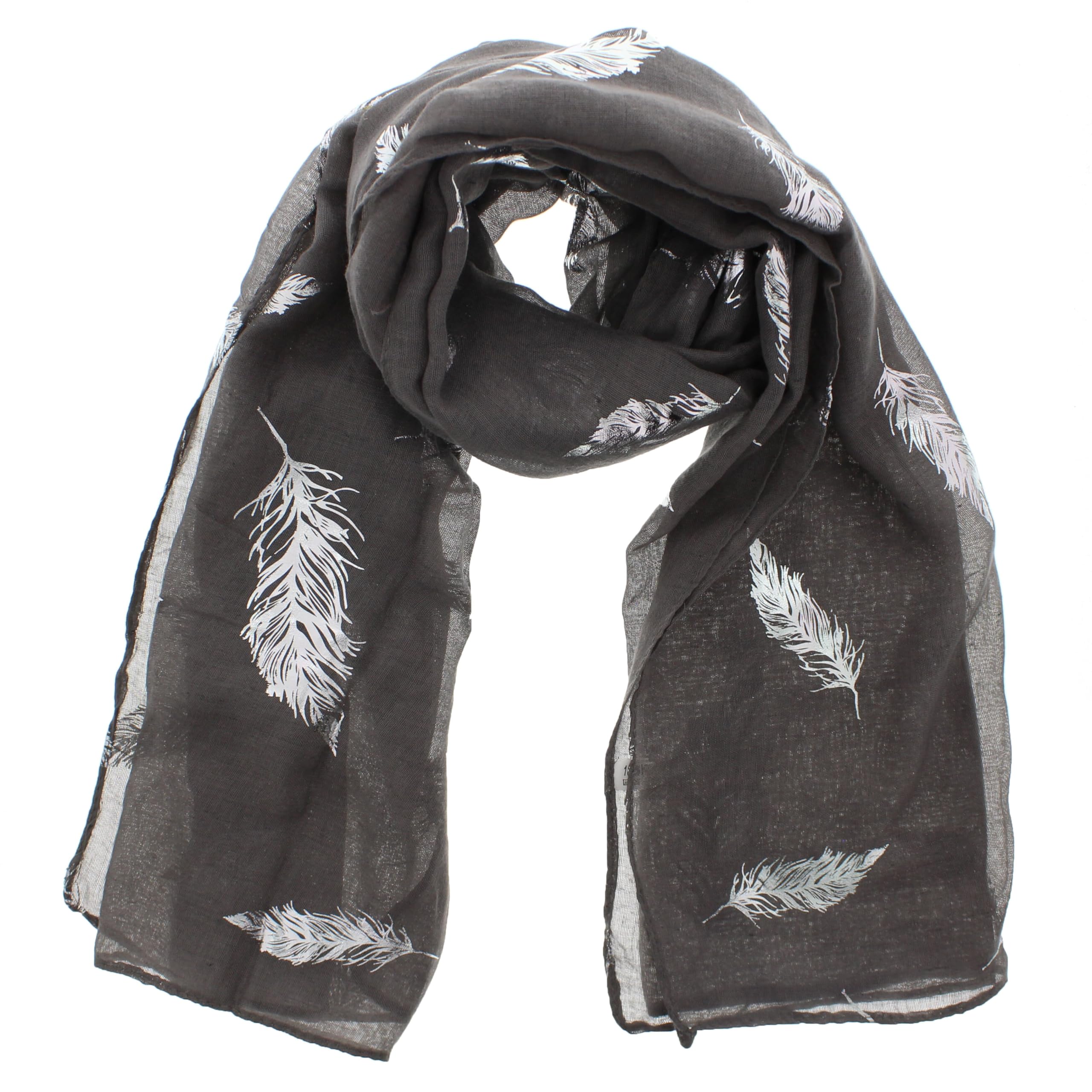 Zac's Alter Ego Women's Grey Scarf With Silver Foil Metallic Glitter Feather Print