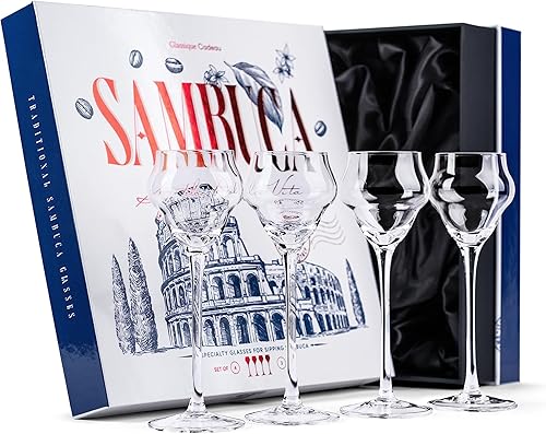 GLASSIQUE CADEAU Crystal Sambuca, Cordial, vasos digestivos con tallo largo para beber bebidas después de la cena, juego de 4, cristalería de licor