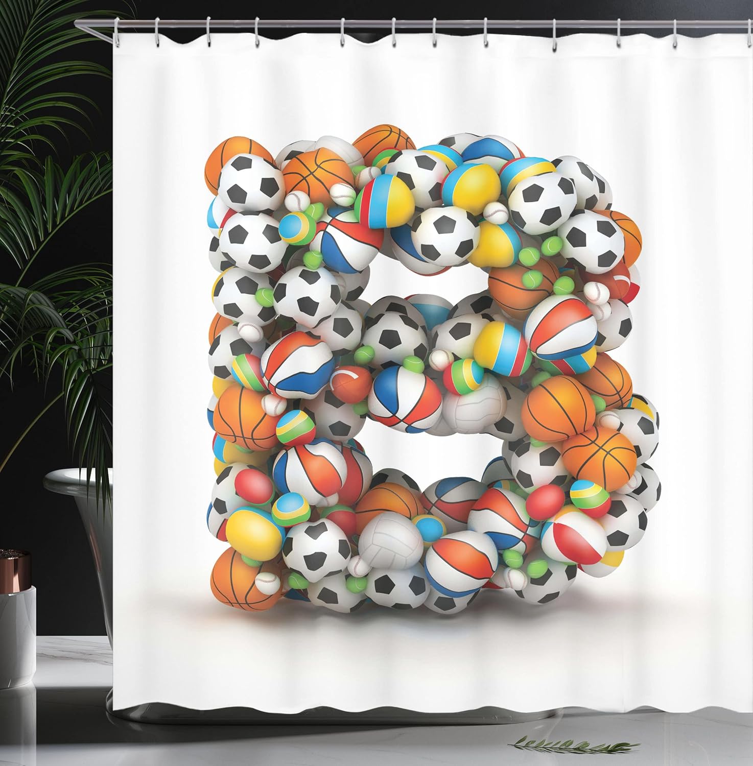 Ambesonne Letter B Shower Curtain, Tennis Volleyball Football Basketball Baseball Games Alphabet with Athletics Theme, Cloth Fabric Bathroom Decor Set with Hooks, 69" W x 70" L, Orange and Multicolor