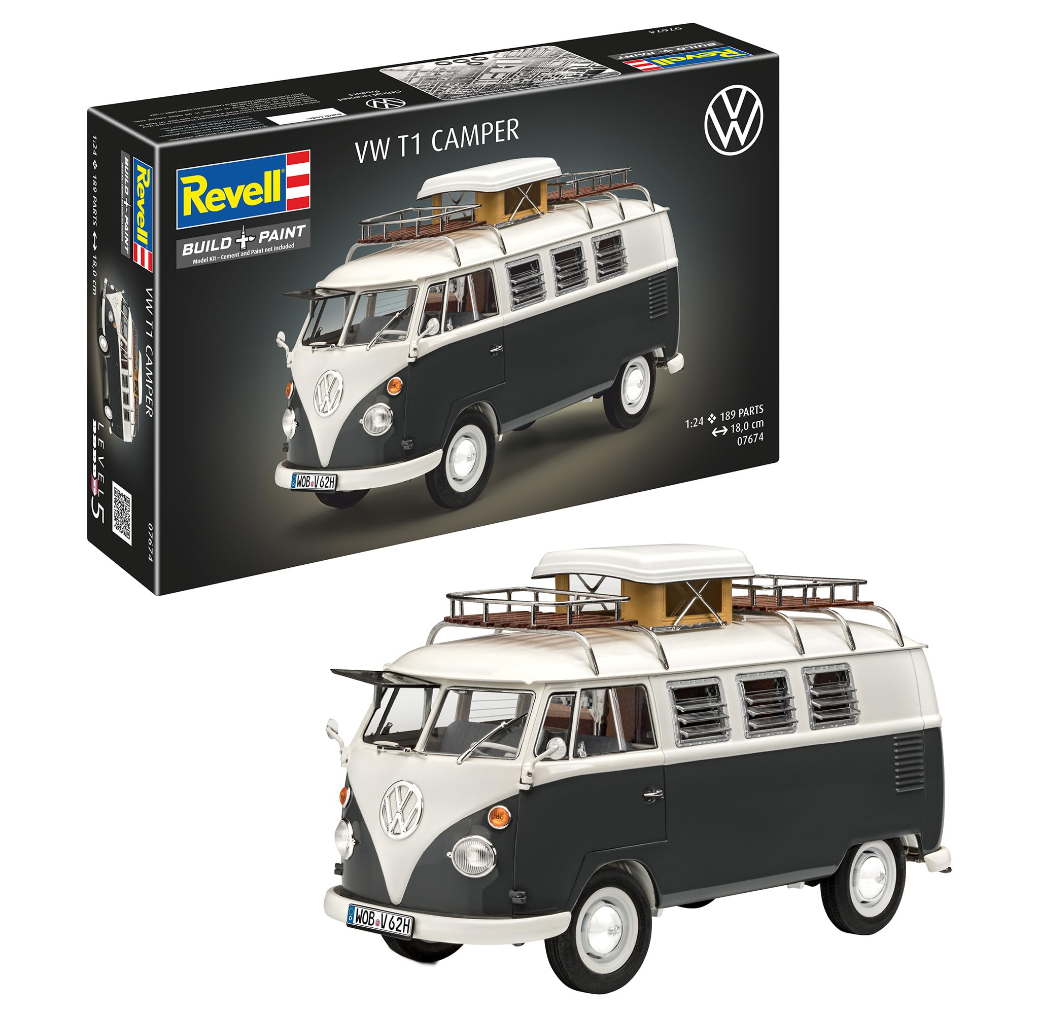 Revell 07674 Volkswagen VW T1 Bulli Camper, autobus kempingowy do samodzielnego montażu 1:24, 18 cm, oryginalny zestaw modelarski dla ekspertów, nielakierowany