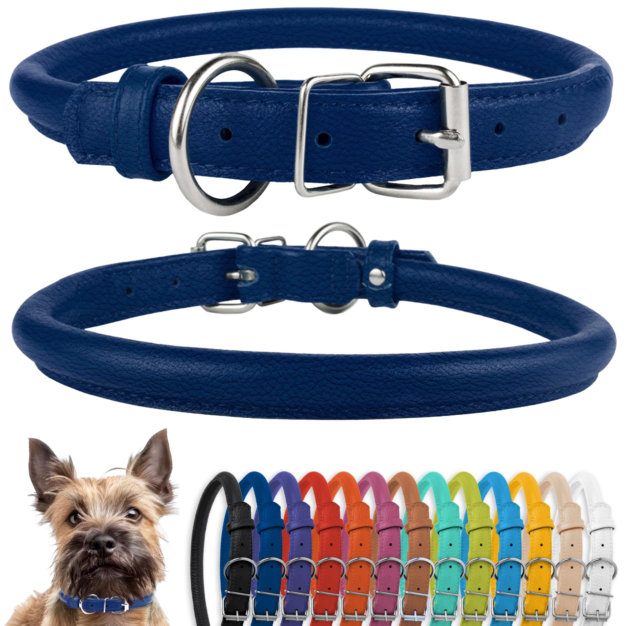 CollarDirect Rundes Leder Hundehalsband, weich gepolstert gerollt, handgefertigtes Echtleder Halsband für Hund Welpe Katze Klein Groß Schwarz Rosa Rot Lila Blau