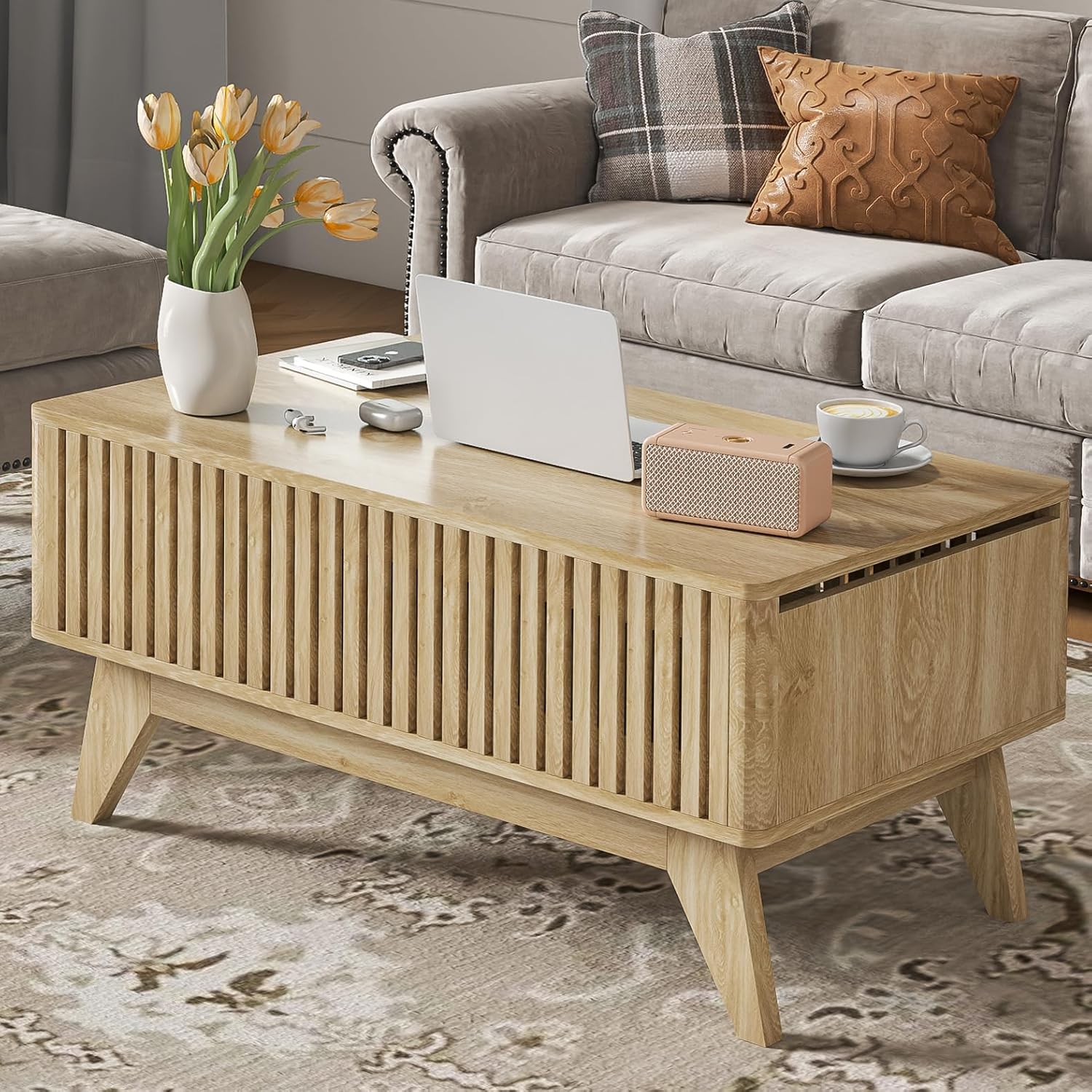 Lift Top Coffee Table with Hidden Compartment, Mid Century Modern Coffee Table for Living Room, Fluted Design Farmhouse Center Table with Storage (Wood, 35.4" W)