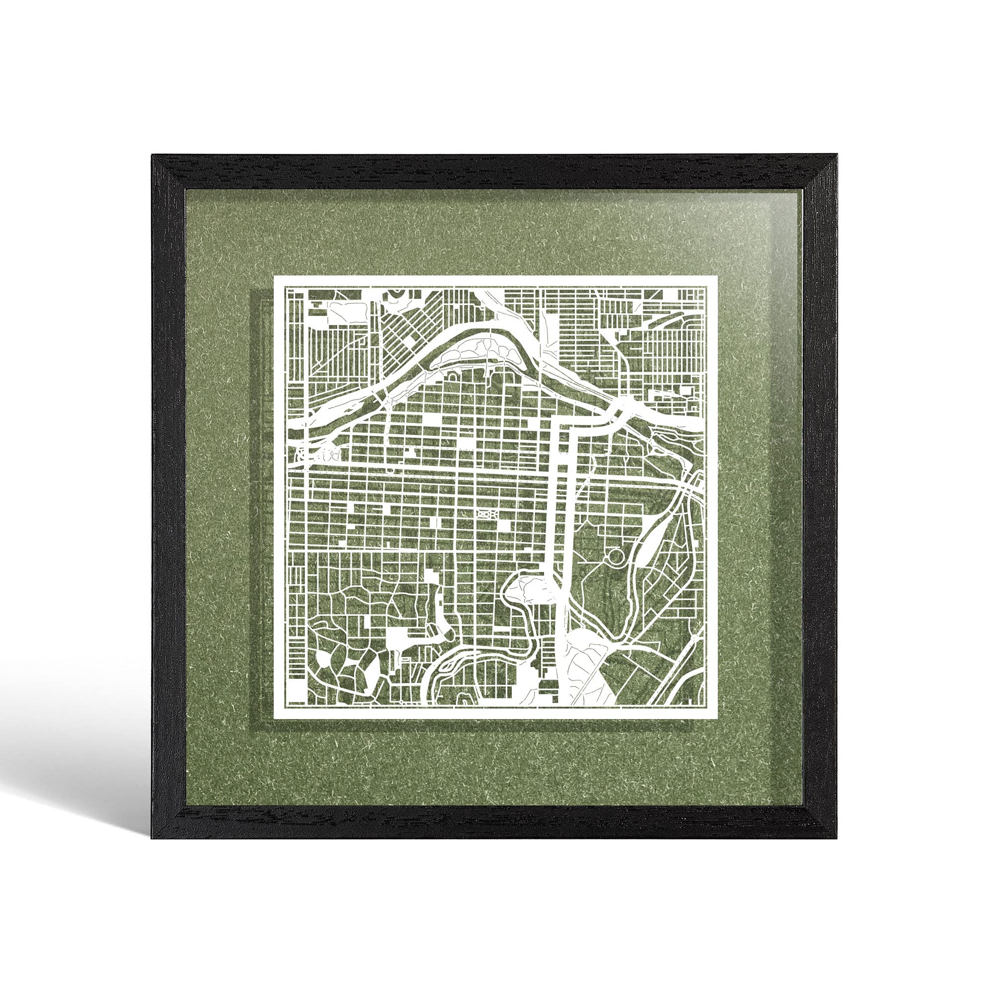 O3 DESIGN STUDIO Calgary Paper Cut Map framed, White map, Black frame, 9x9 inches, Gift Boxed, 4 background color, self-changing, Paper Art